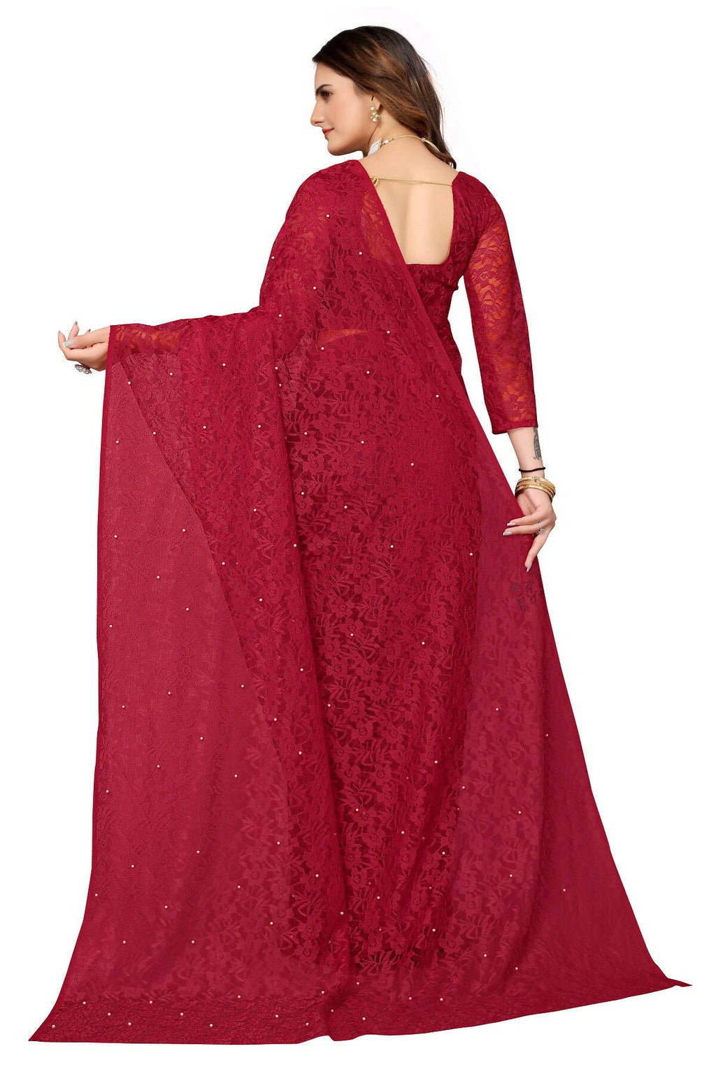 Vamika Maroon Pearls Net Saree | Grocsy