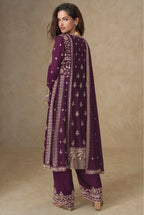 Anaita Dark Purple Chinon Silk Stitched Suit with Embroidery & Sequence Work | Grocsy