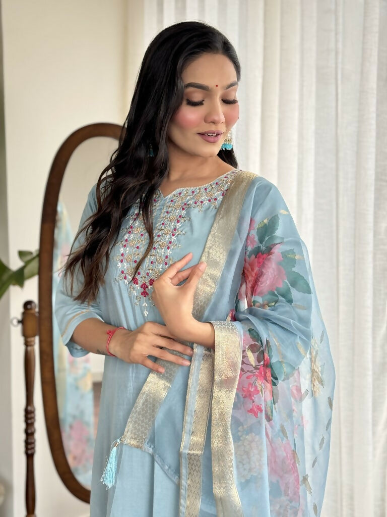 Lavender Viscose chanderi Stitched Suit With Dupatta - Tanisha | Grocsy