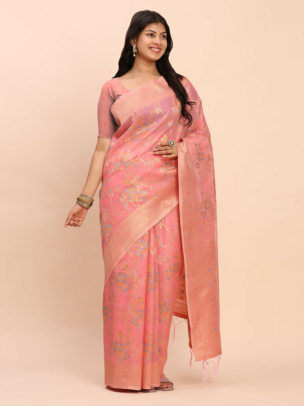 Shree Shyam Fashion Linen Cotton Peach Saree | Grocsy