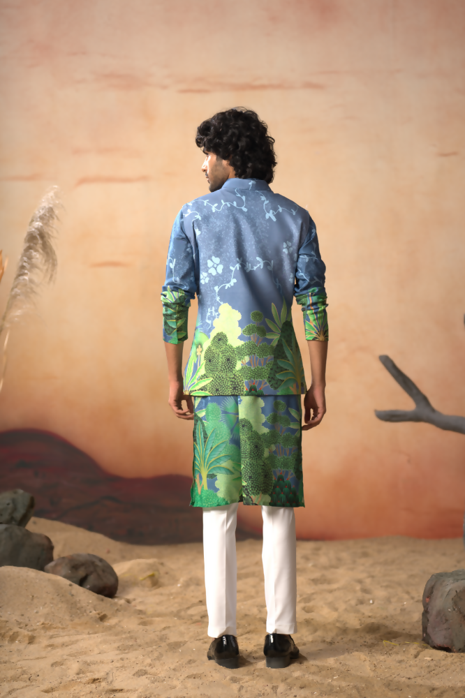 Tree Bark Classy Print Silk Nehrujacket Set by Hilo Design | Grocsy