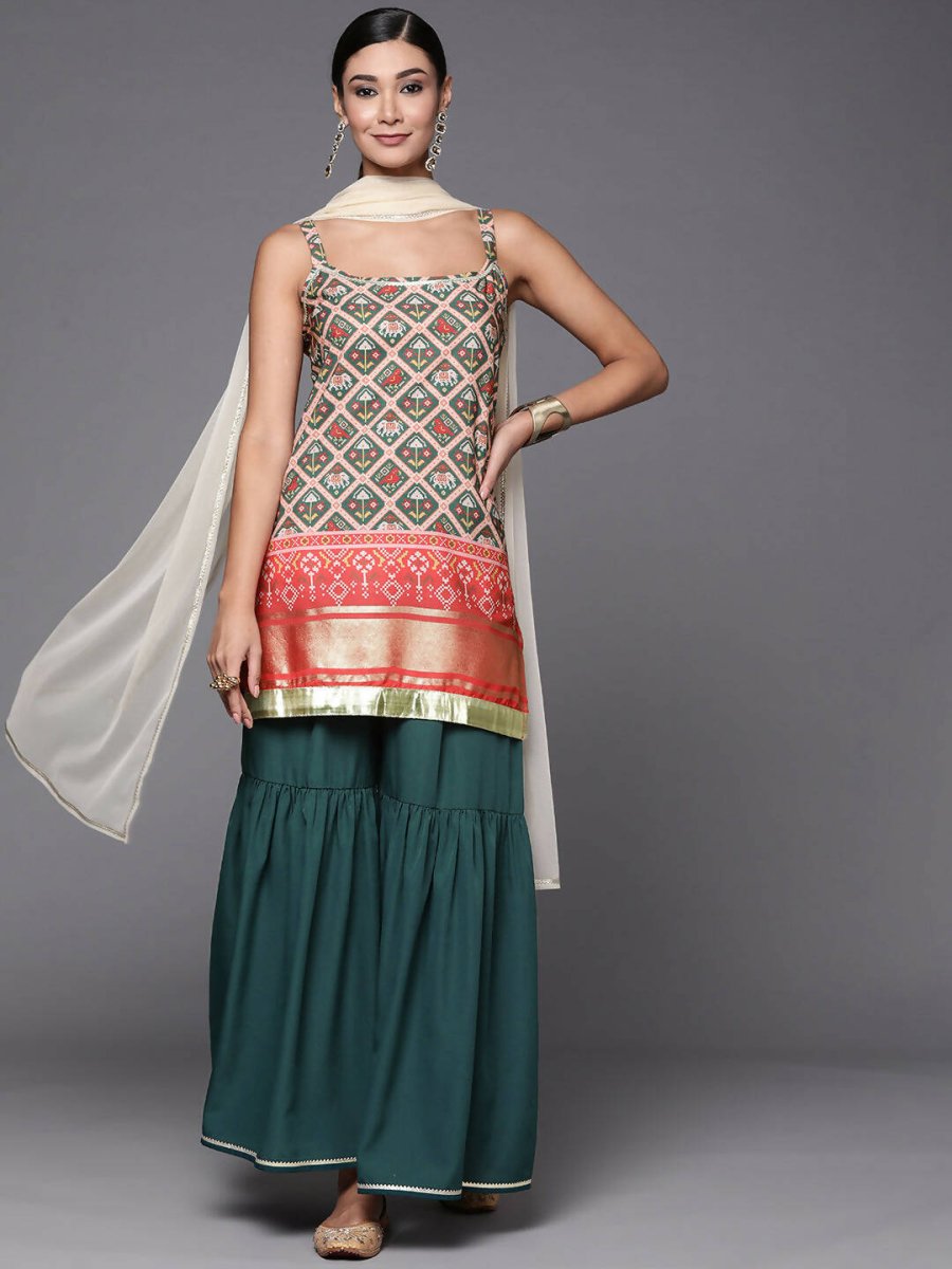 Ahalyaa Women Green & Red Ethnic Motifs Print Kurti with Sharara & Dupatta | Grocsy