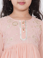 Little Bansi Girls Cotton Gotta Patti Kurta frock with Sharara & Dupatta - Peach | Grocsy