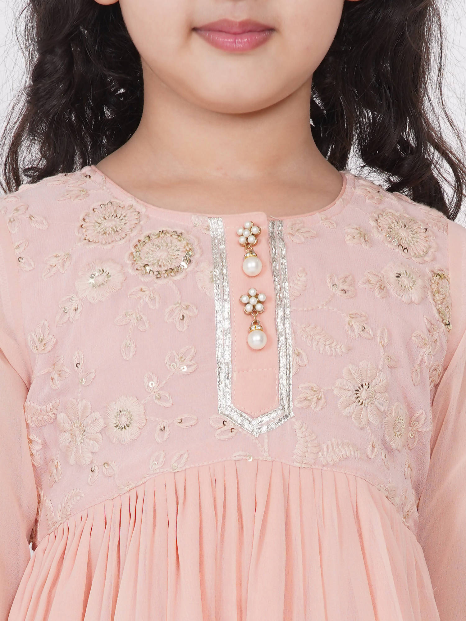 Little Bansi Girls Cotton Gotta Patti Kurta frock with Sharara & Dupatta - Peach | Grocsy