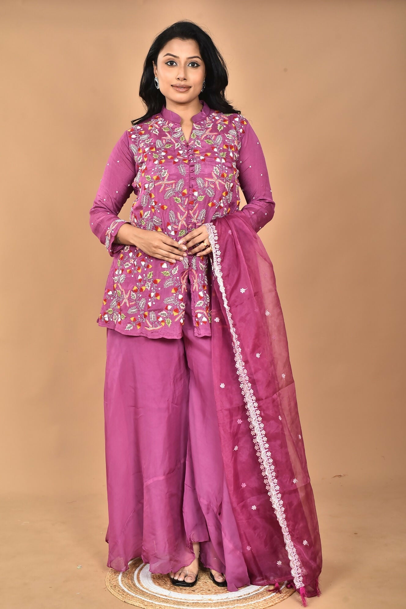 Morchari Women And Hand Embroidery Palazzo Set-Purple | Grocsy