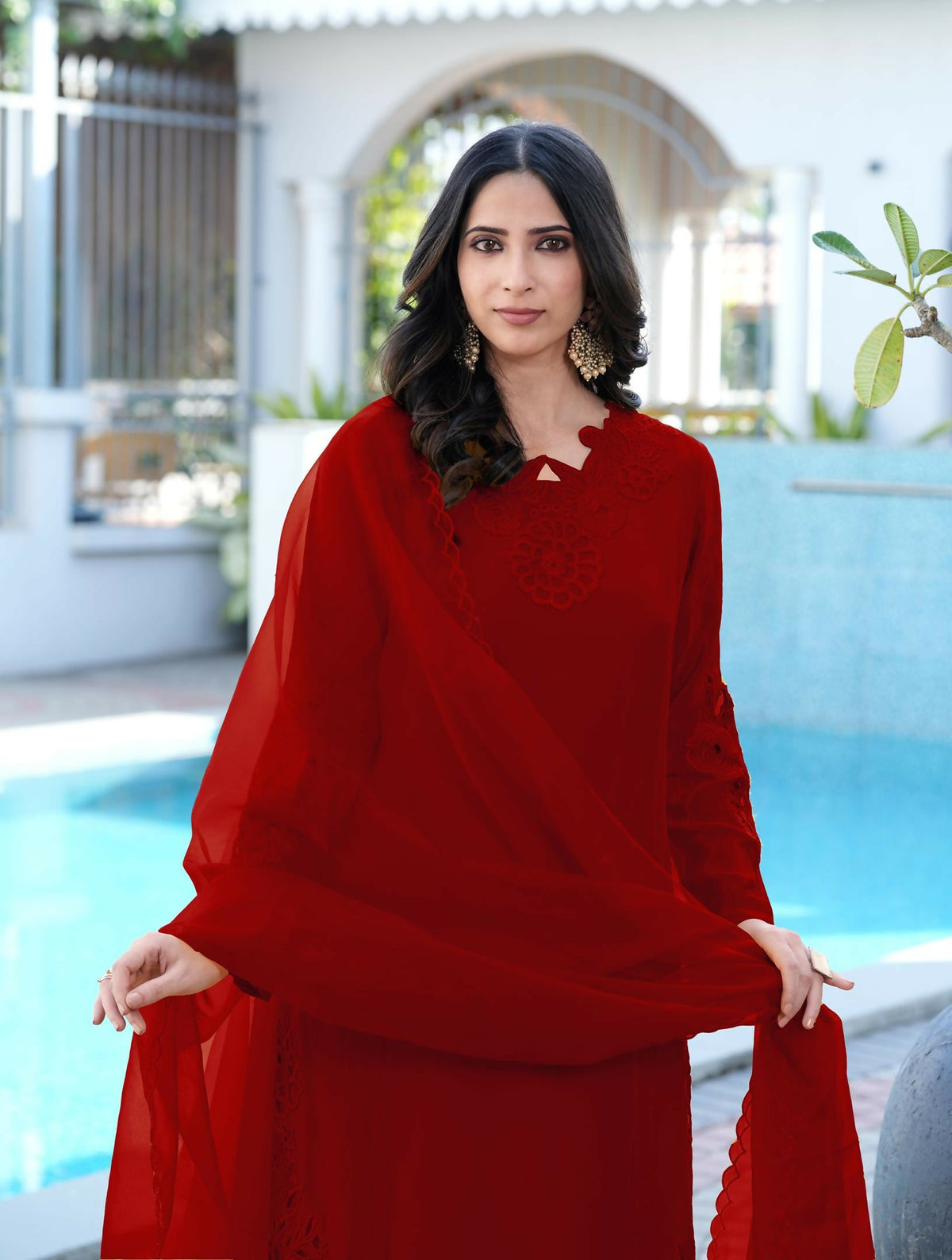 Nikhaar Maroon Embroidered Art Silk Stitched Straight Cut Kurta Pants Dupatta Readymade Suit | Grocsy