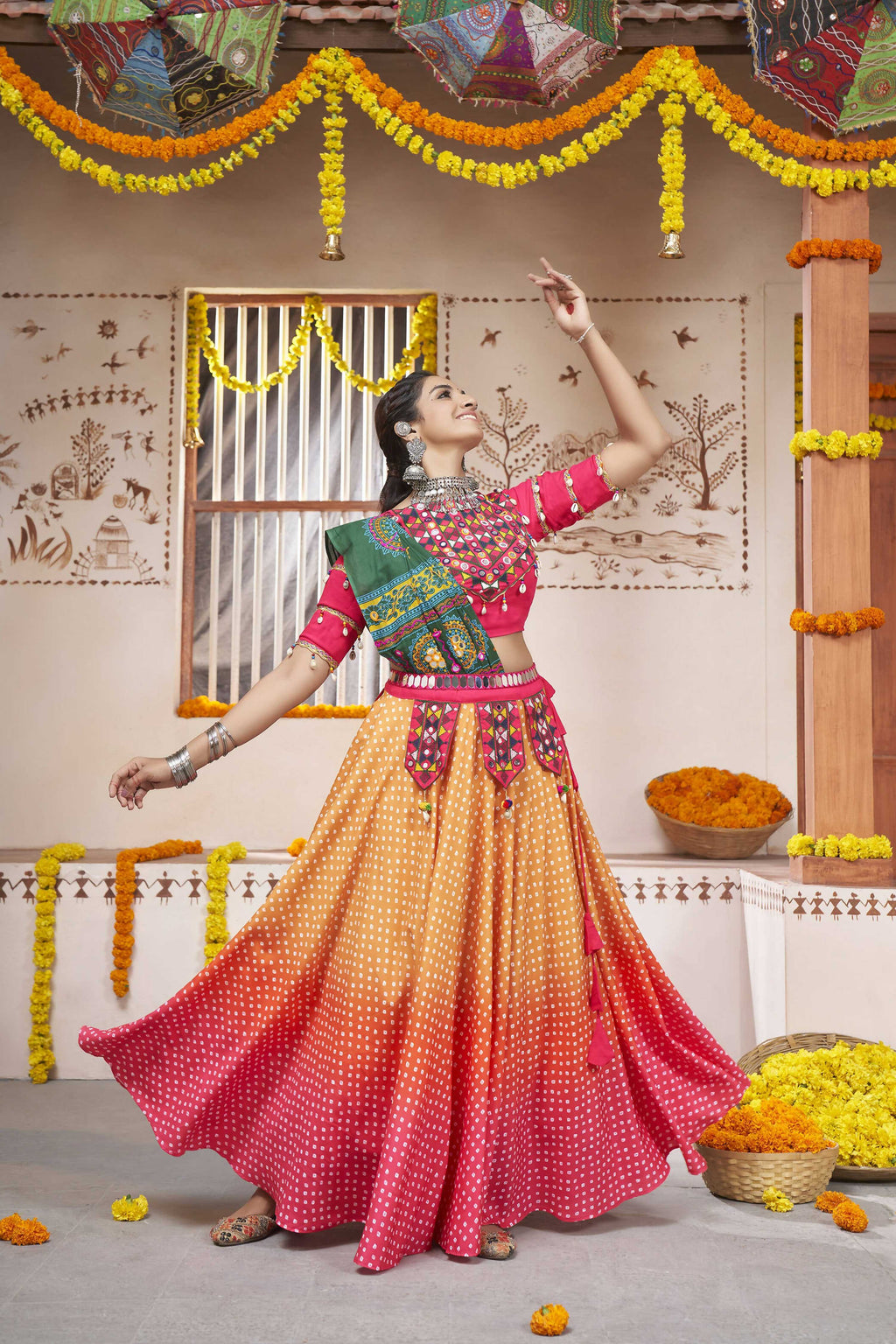 Yellow Rayon All over Print with Embroidery Patch Work Navratri Lehenga Choli with Dupatta - Raas | Grocsy