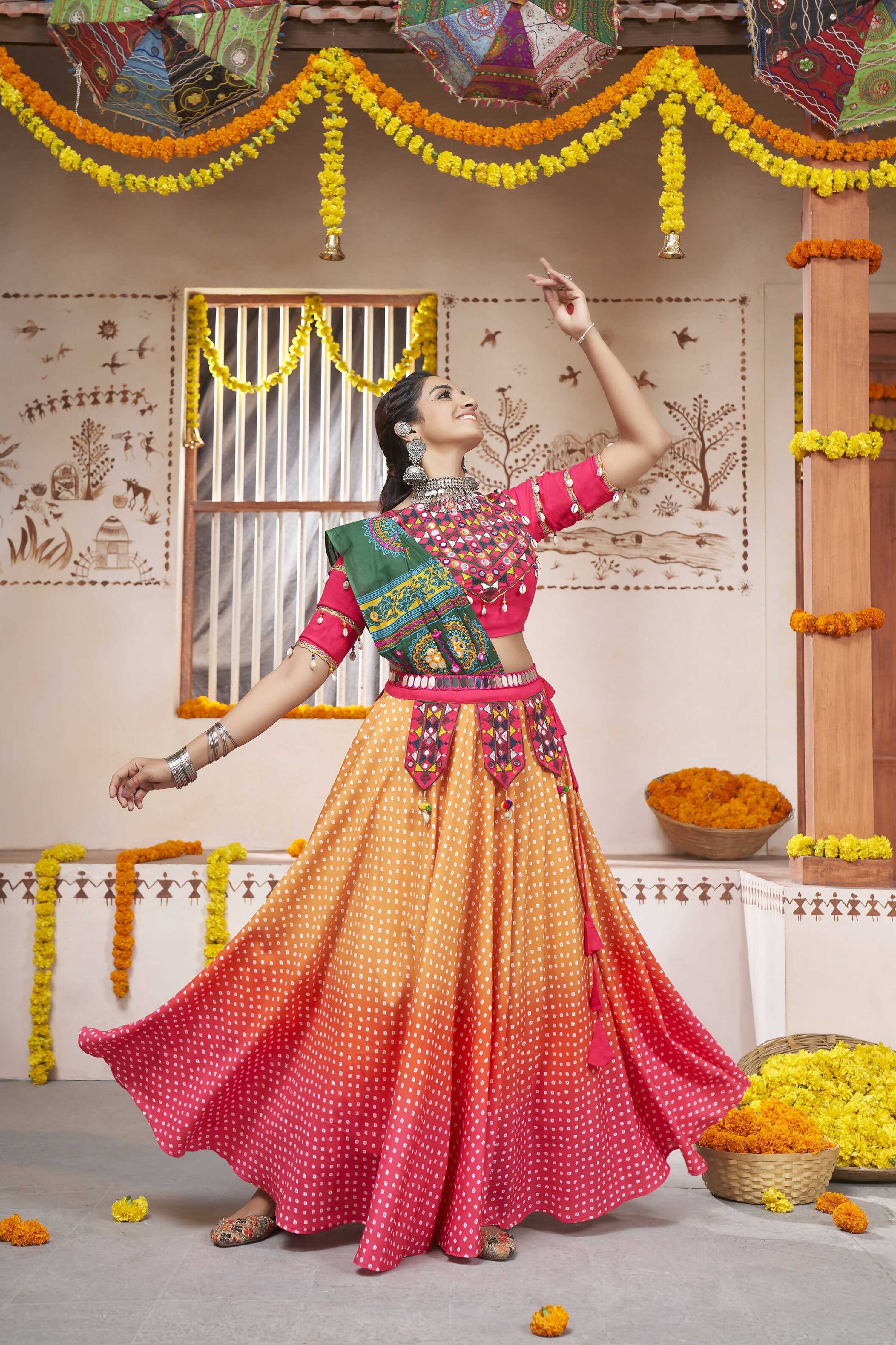Yellow Rayon All over Print with Embroidery Patch Work Navratri Lehenga Choli with Dupatta - Raas | Grocsy