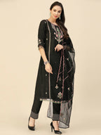 Black Embroidered Chinon Straight Kurta With Trouser & Dupatta - Salimar | Grocsy