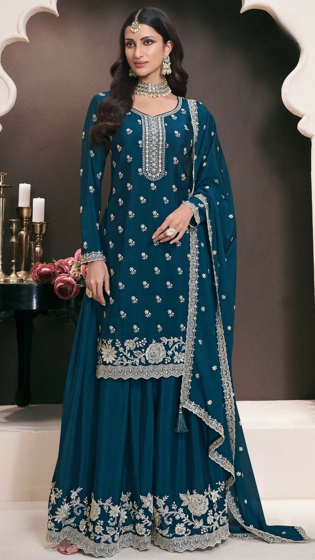 Anaita Teal Green Chinon Embroidered Thread Work Stitched Salwar Suit | Grocsy