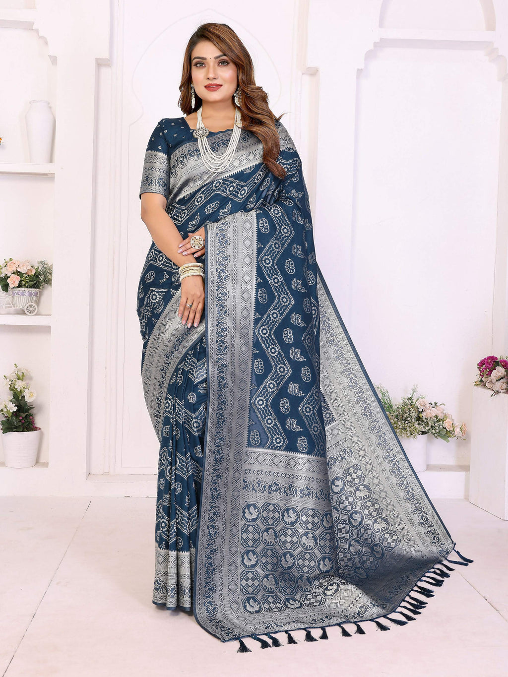 Aastha Fashion Teal Blue Georgette Silk Leheriya With Elegant Zari Weaving Saree | Grocsy