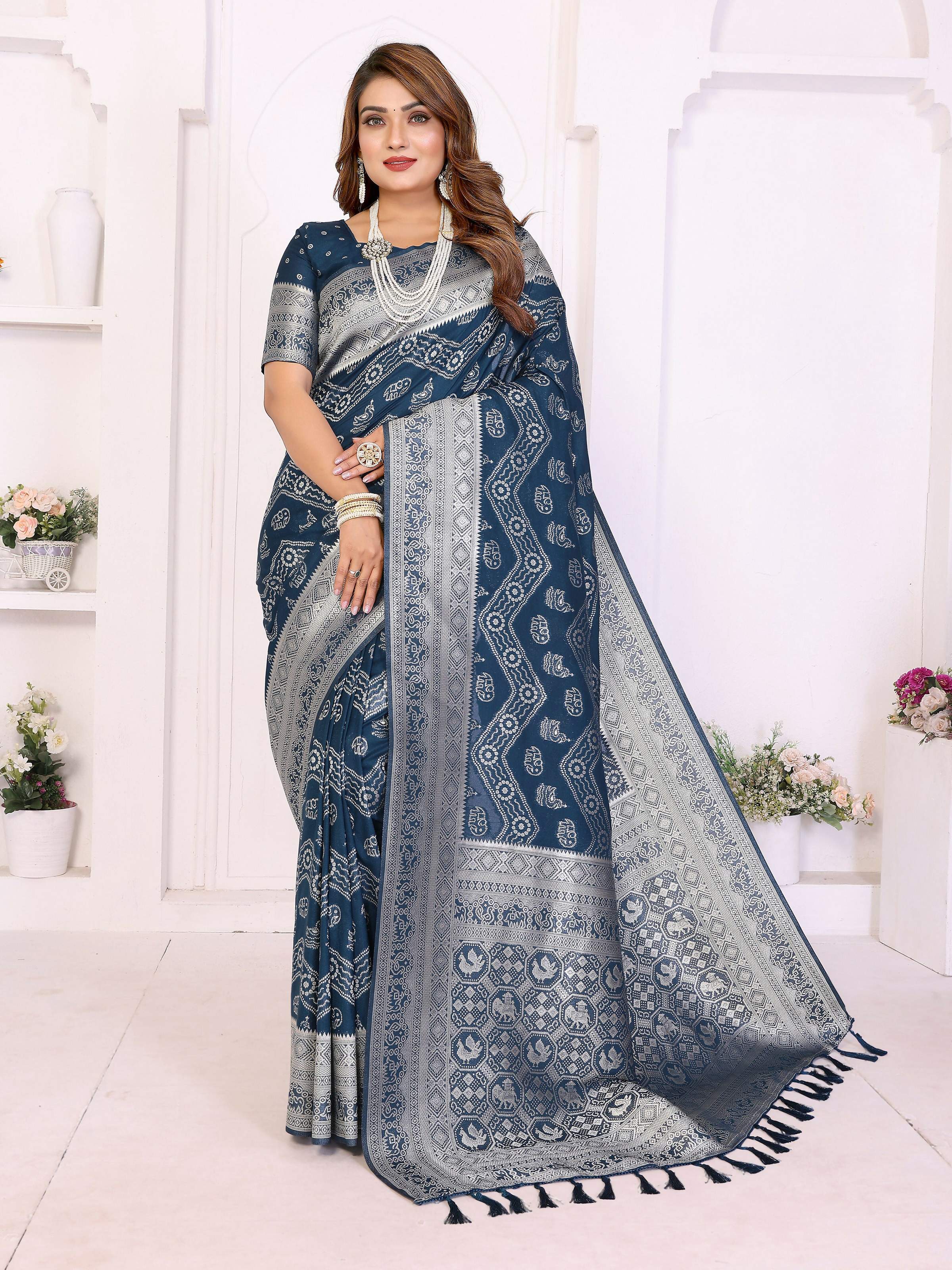 Aastha Fashion Teal Blue Georgette Silk Leheriya With Elegant Zari Weaving Saree | Grocsy