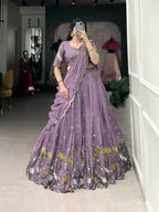 Lorenvalley Lavender Vichitra Simmer Sequins and Thread Embroidery Work Lehenga Choli | Grocsy