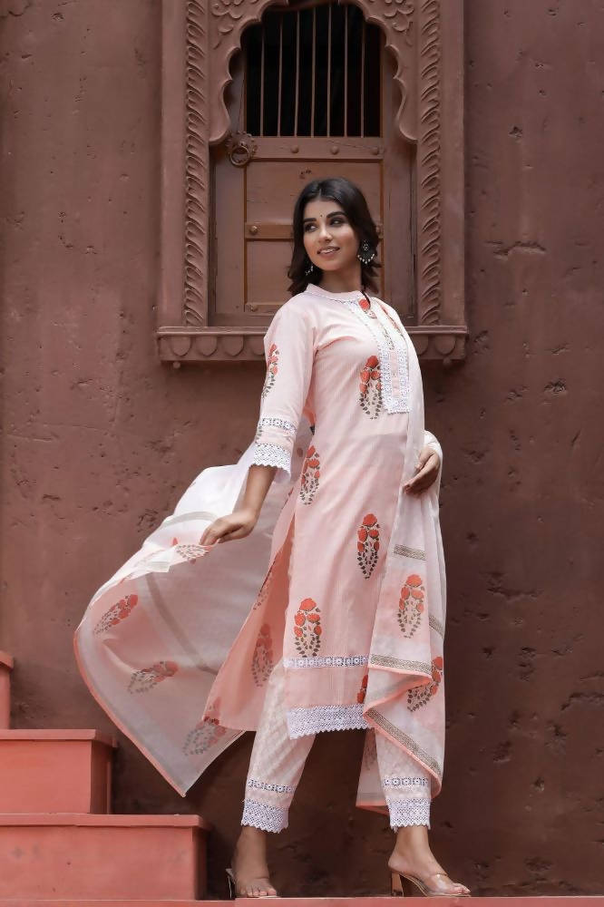 Yufta Peach Printed Dupatta Set | Grocsy