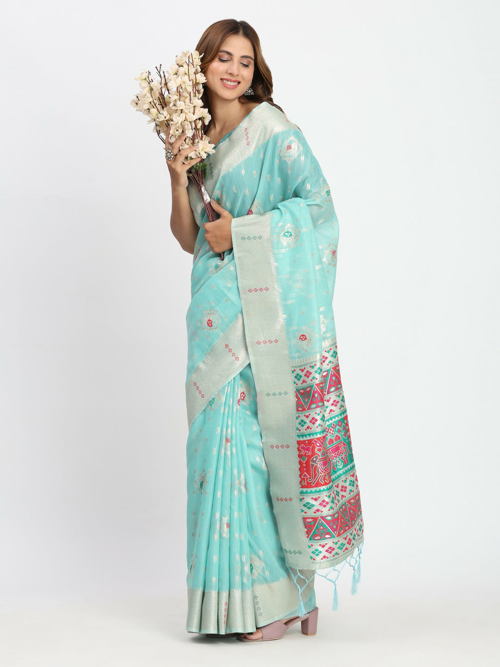 Shree Shyam Fashion Linen Cotton Sea Green Saree | Grocsy