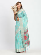 Shree Shyam Fashion Linen Cotton Sea Green Saree | Grocsy