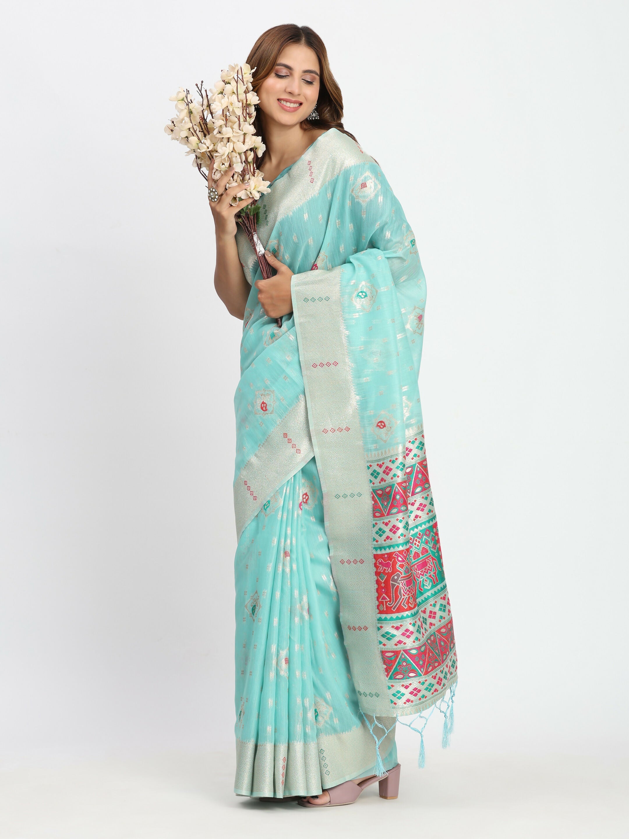 Shree Shyam Fashion Linen Cotton Sea Green Saree | Grocsy