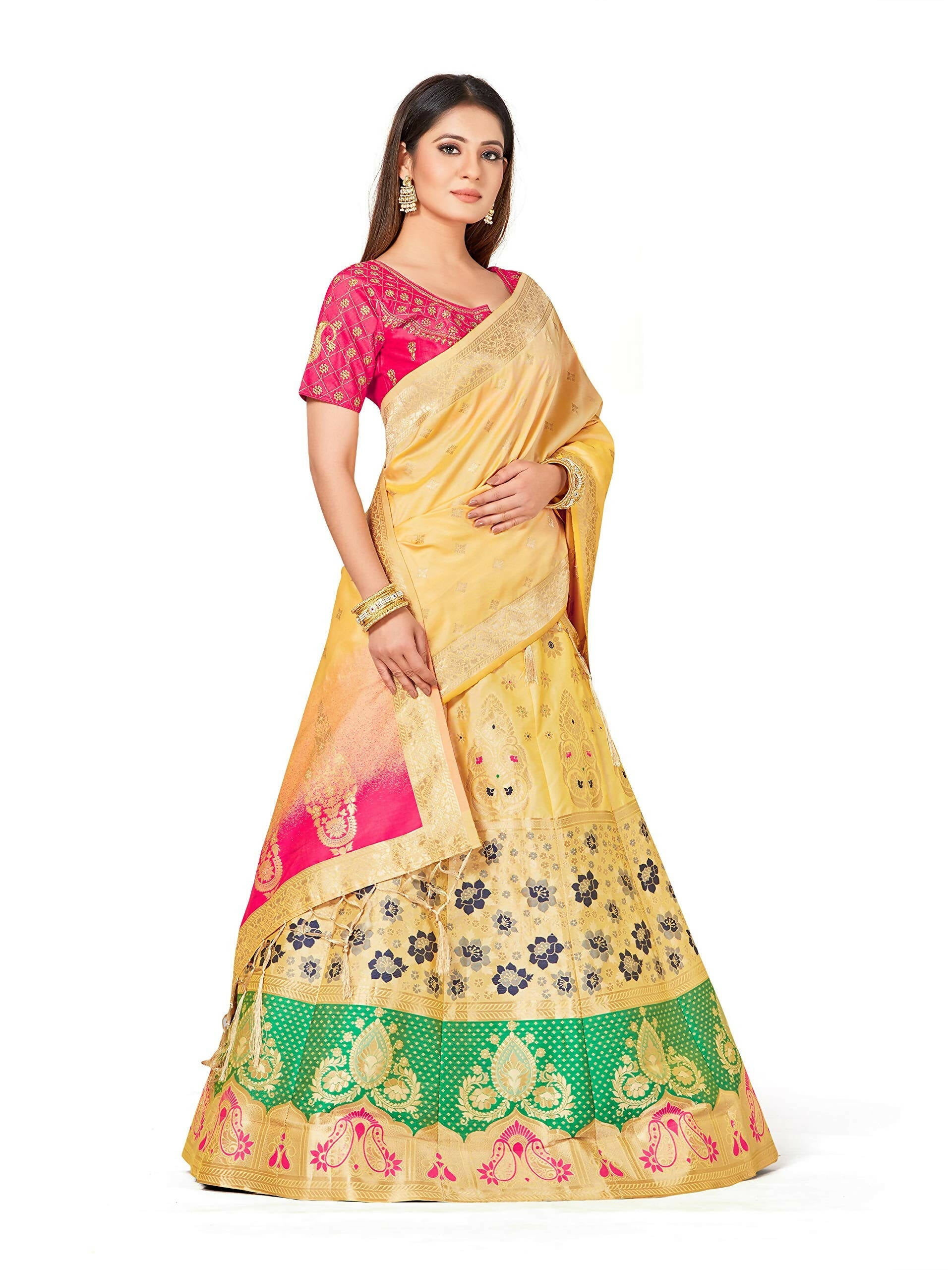 Mimosa Women's Semi-Stitched Art Silk Yellow Lehenga Choli with Dupatta | Grocsy