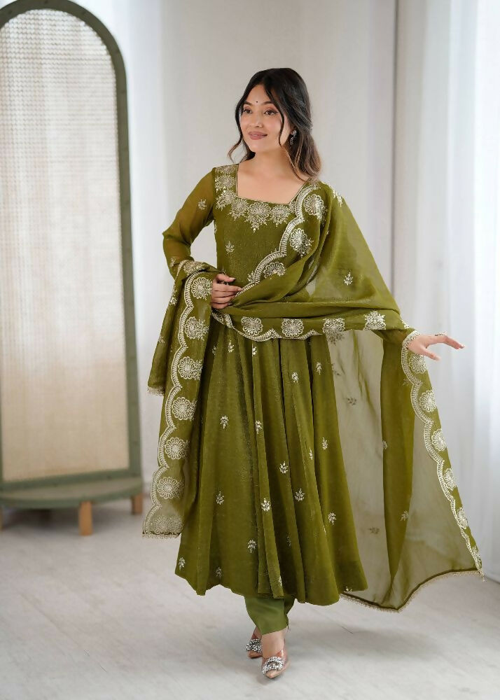 Teeya Creation Mehendi Color Crunchy Silk Embroidery Work Wedding Wear Gown | Grocsy
