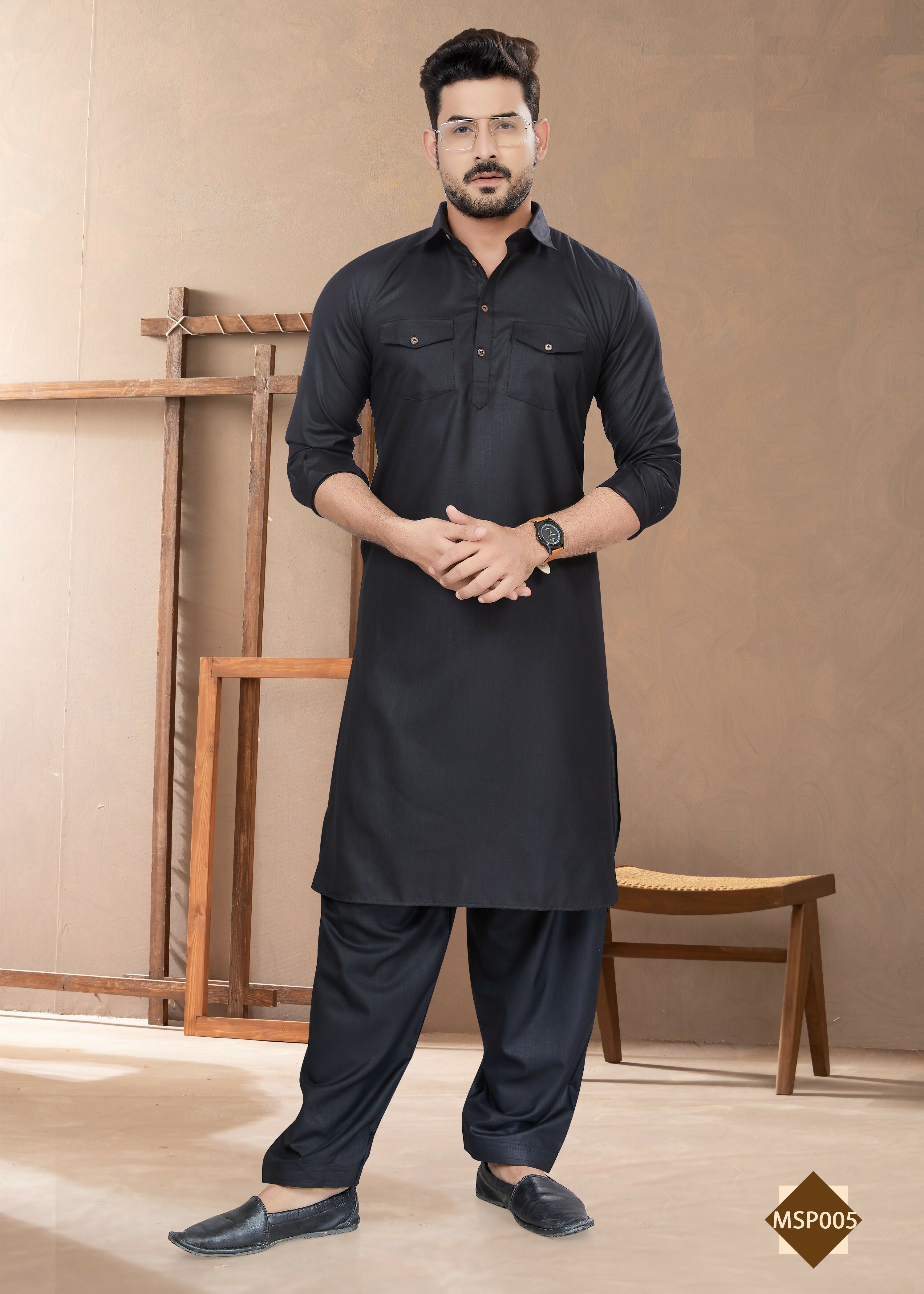 Joban Fashion Men's Black Heavy Cotton Plain Kurta Pyjama set | Grocsy