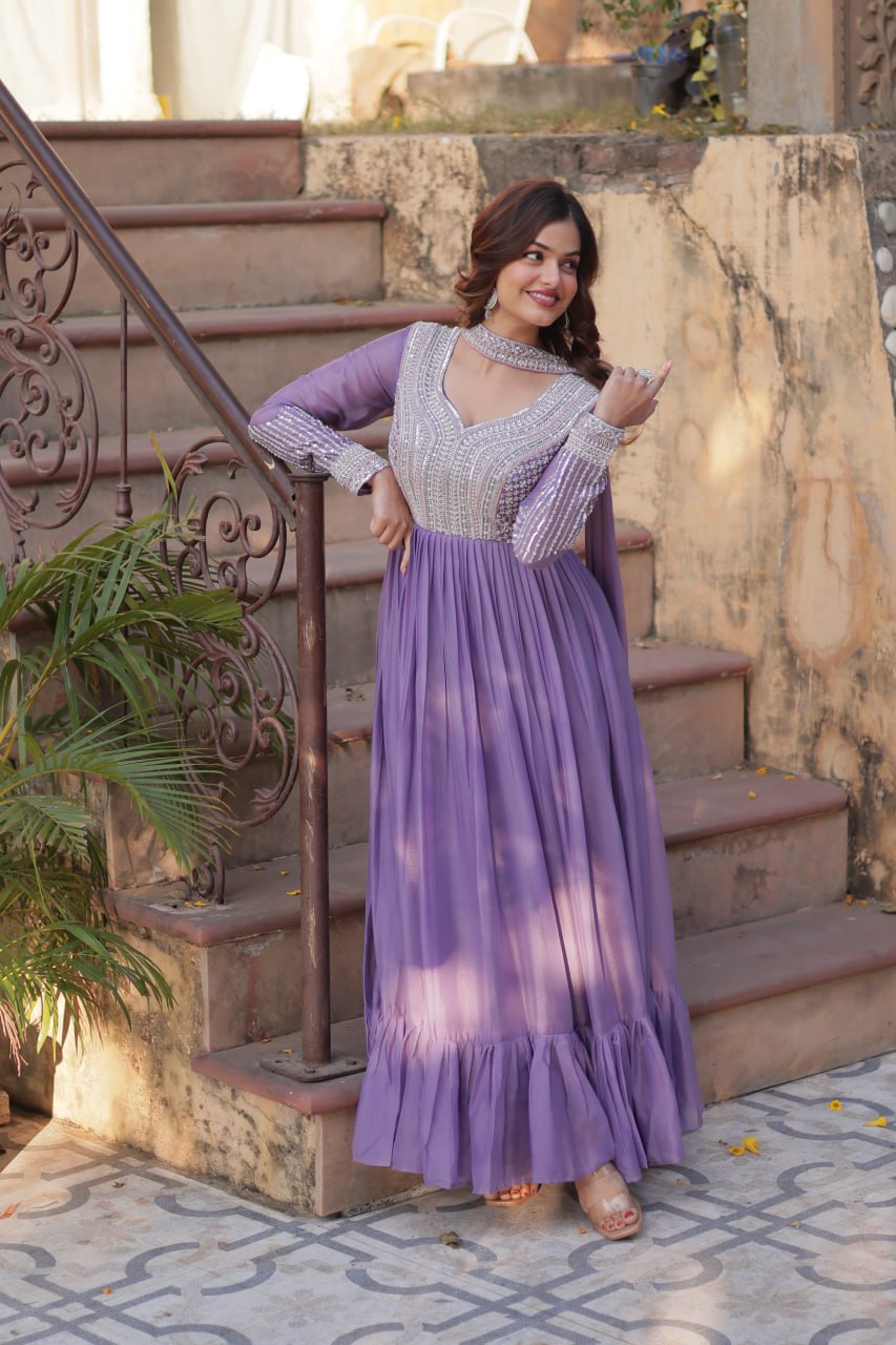 Evanik Lavender Star Georgette with Embroidery Beads Sequins-work Gown With Dupatta | Grocsy