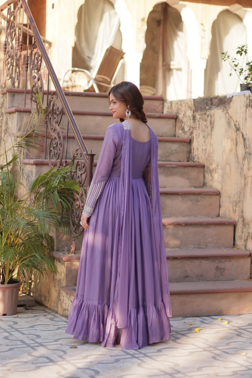Evanik Lavender Star Georgette with Embroidery Beads Sequins-work Gown With Dupatta | Grocsy