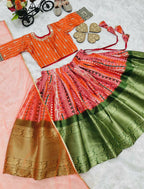 Jyoti Fashion Gorgeous Orange Pure Kota Silk Print with Zari Woven Kids Lehenga Choli Set | Grocsy