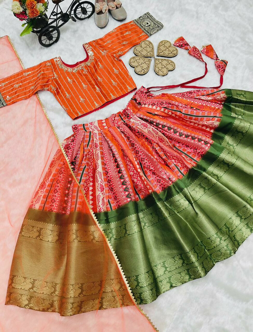 Jyoti Fashion Gorgeous Orange Pure Kota Silk Print with Zari Woven Kids Lehenga Choli Set | Grocsy