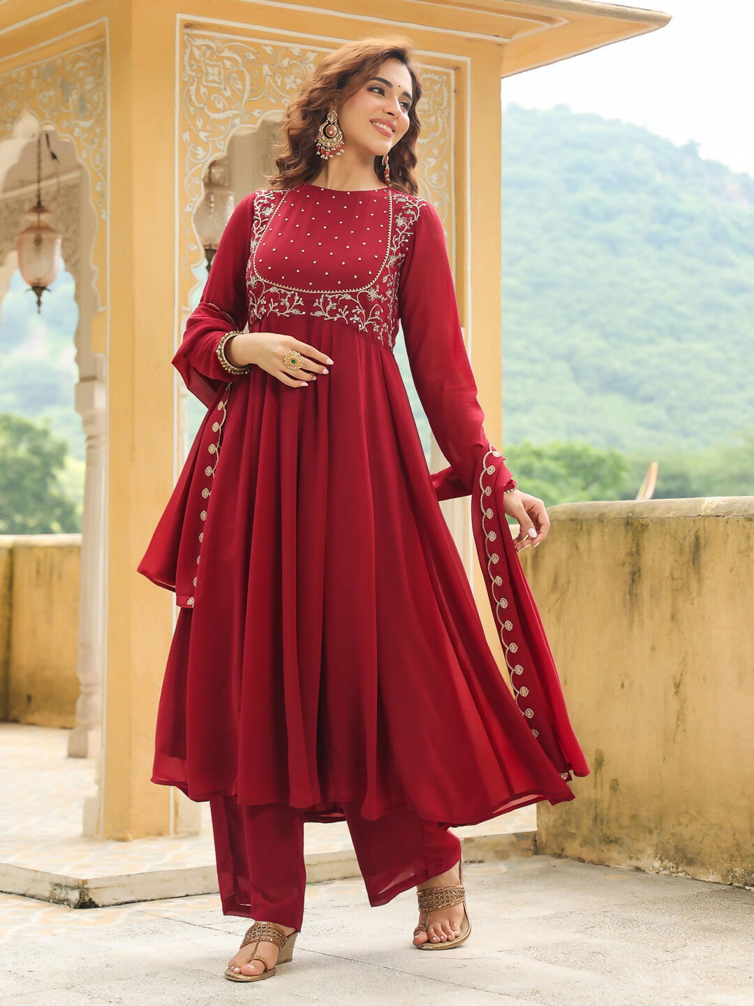 Janasya Maroon Georgette Embroidered Kurta,Bottom & Dupatta | Grocsy
