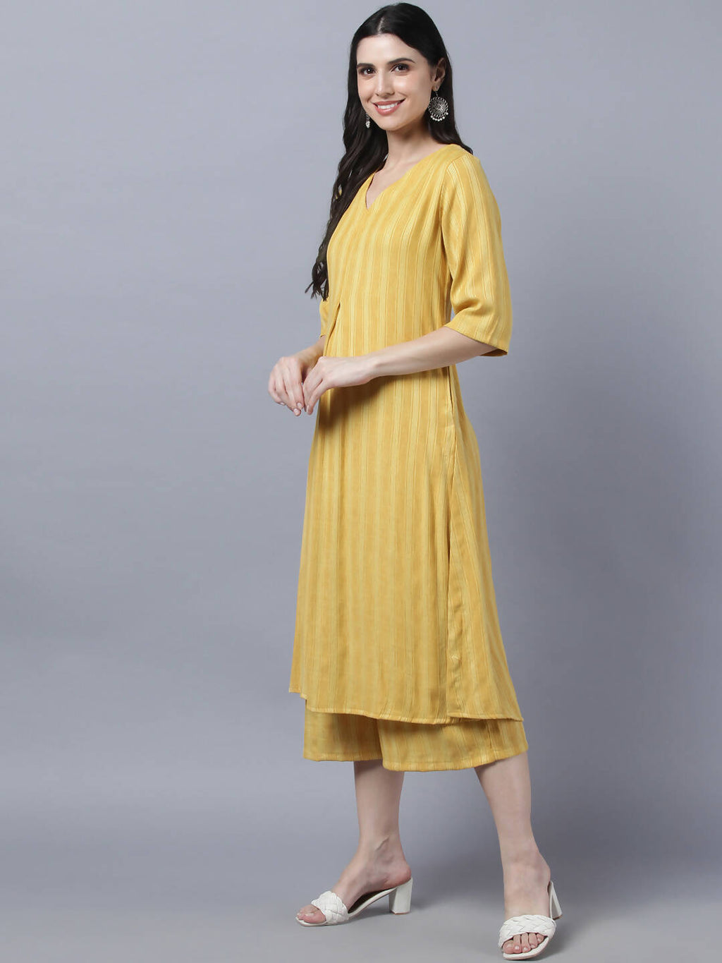 Myshka Stylish Yellow Cotton 3/4 Sleeve Women's Kurta Palazzo Set | Grocsy