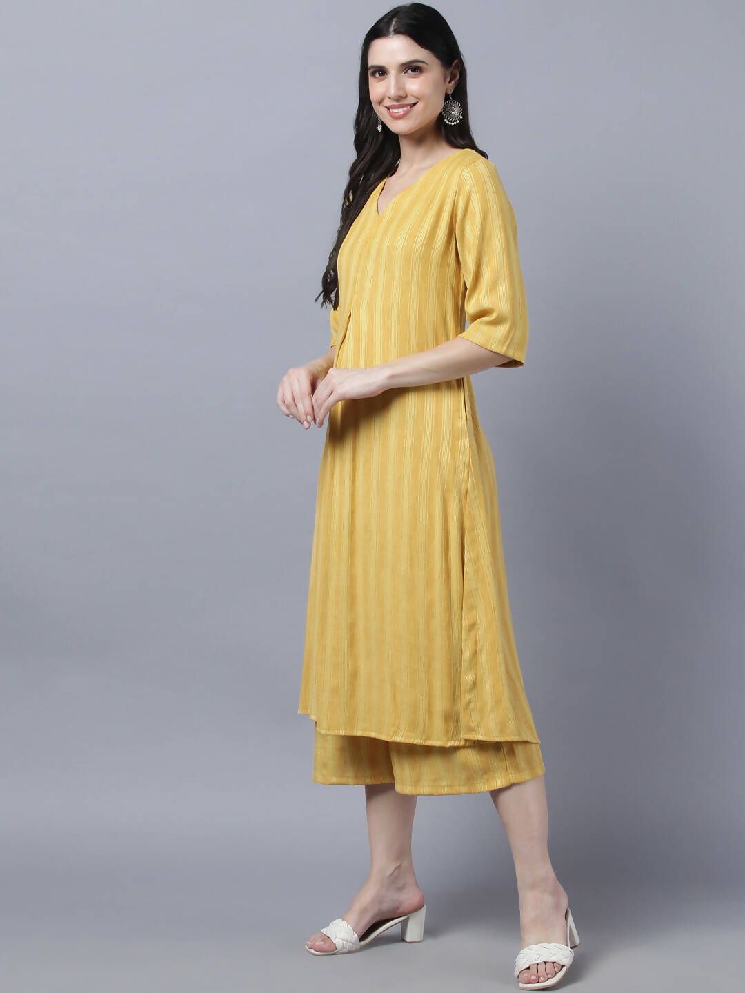 Myshka Stylish Yellow Cotton 3/4 Sleeve Women's Kurta Palazzo Set | Grocsy