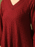 Myshka Women's Maroon Embroidered Cotton A-Line Party Kurta Set | Grocsy