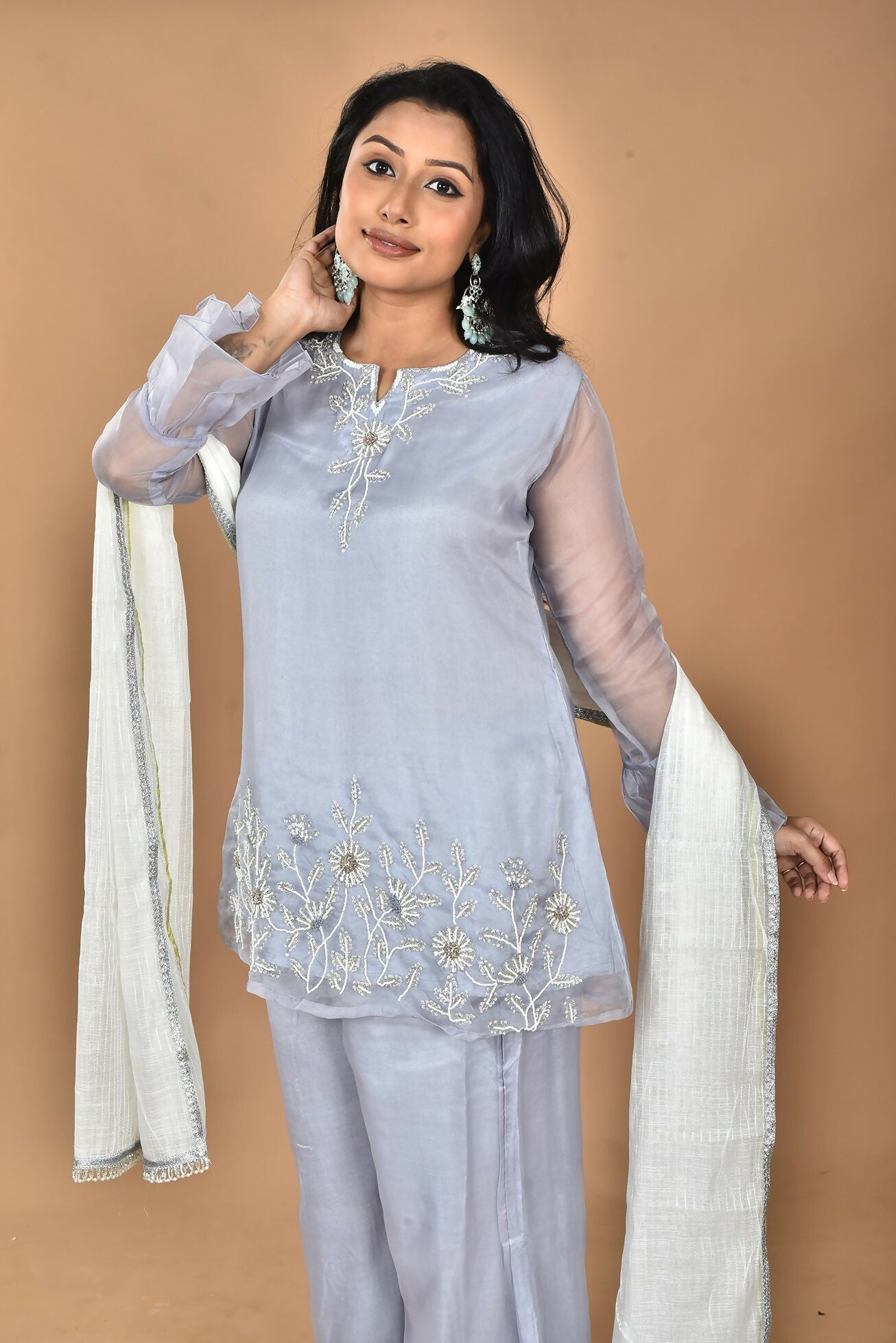 Morchari Women And Hand Embroidery Palazzo Set-Grey | Grocsy