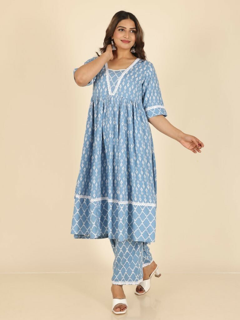 Aramya Blue Rayon Ikat Print Anarkali Kurta Set for Women | Grocsy