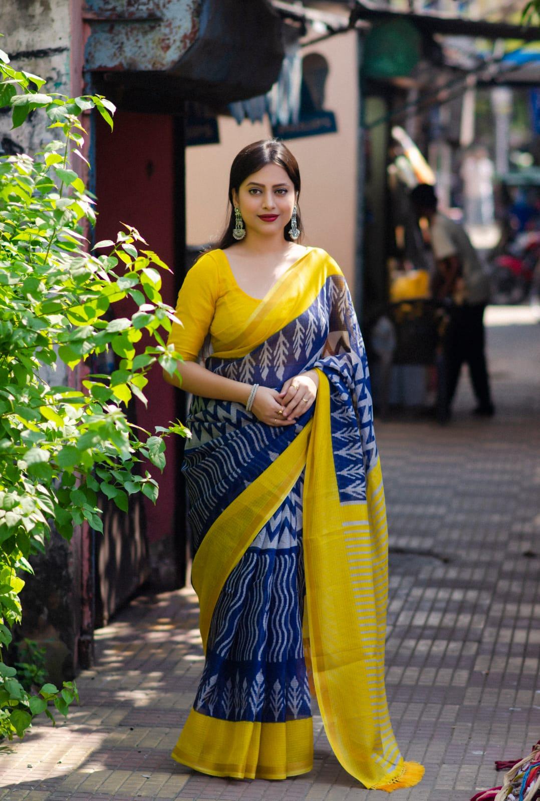 Blue Polycotton Ethnic Motifs Saree with Unstitched Blouse - A2M | Grocsy