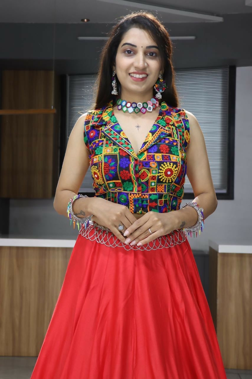 Yash Enterprise Rani Pink Rayon Cotton Embroidery Semi Stitched Navratri Chaniya Choli | Grocsy