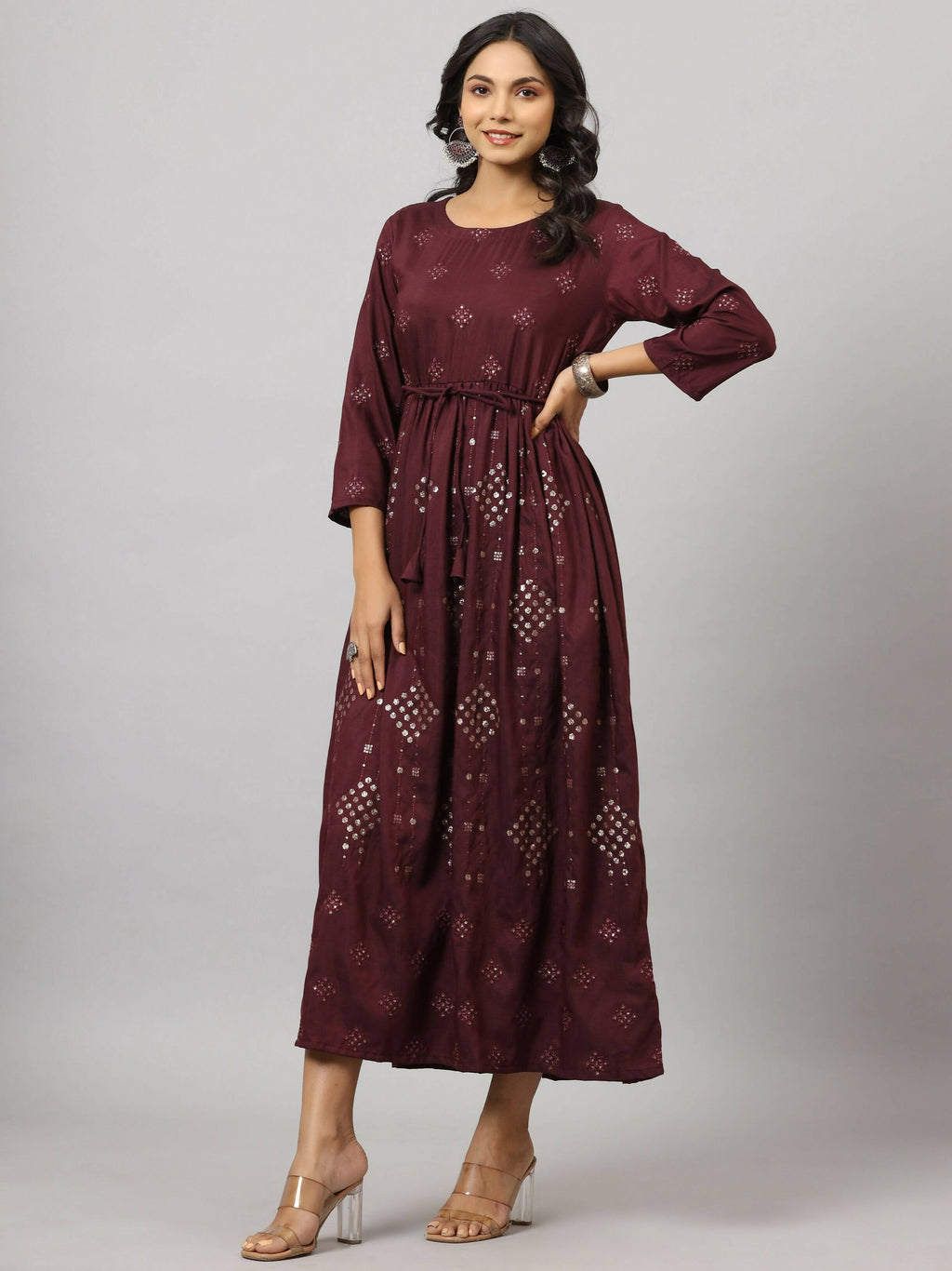 Juniper Women's Mauve Festive Printed Flared Dress | Grocsy