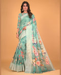 Sea Green Cotton Silk Floral Printed Saree With Unstitched Blouse Piece - Akshita | Grocsy