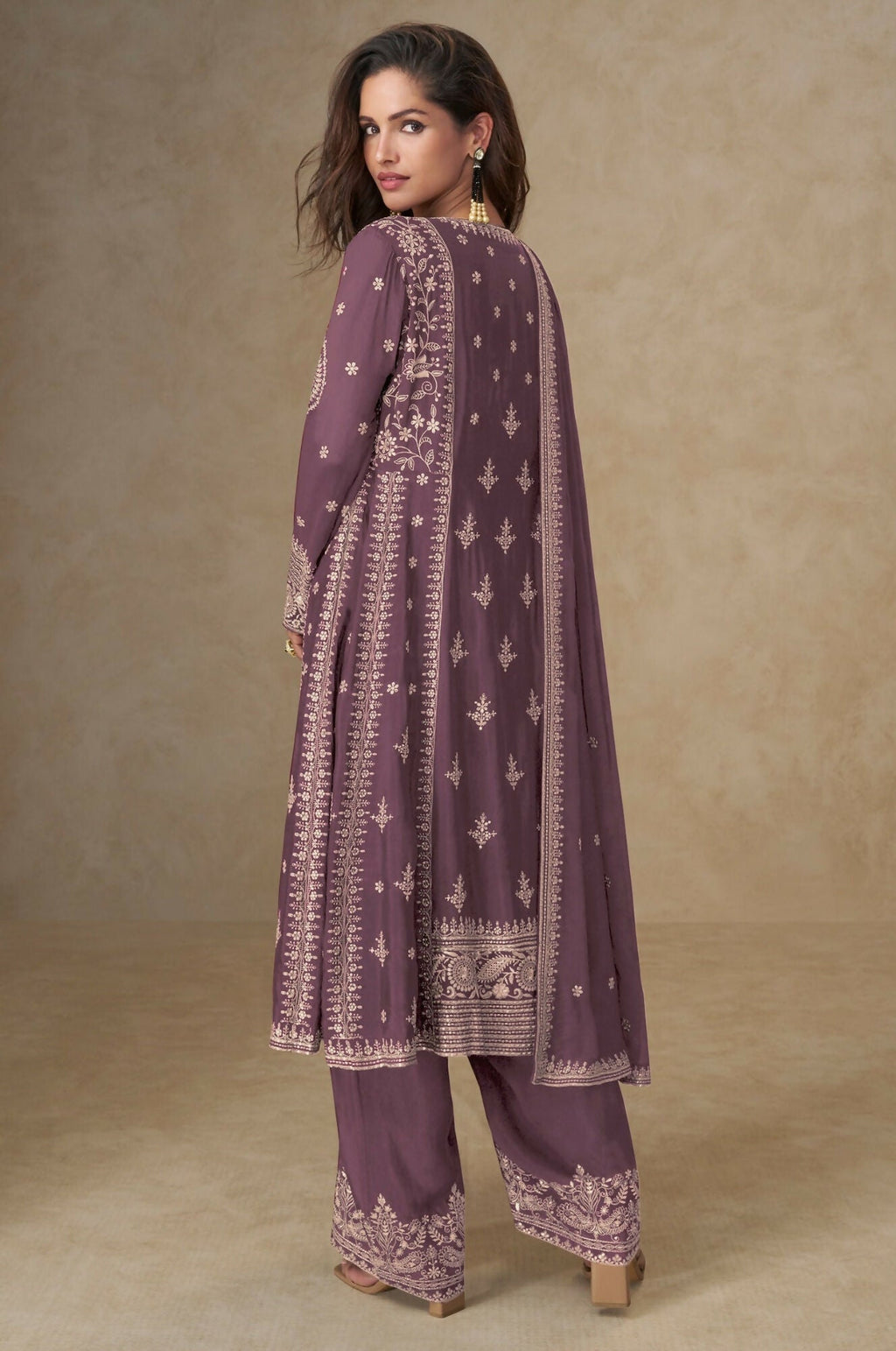 Anaita Purple Chinon Silk Stitched Suit with Embroidery & Sequence Work | Grocsy
