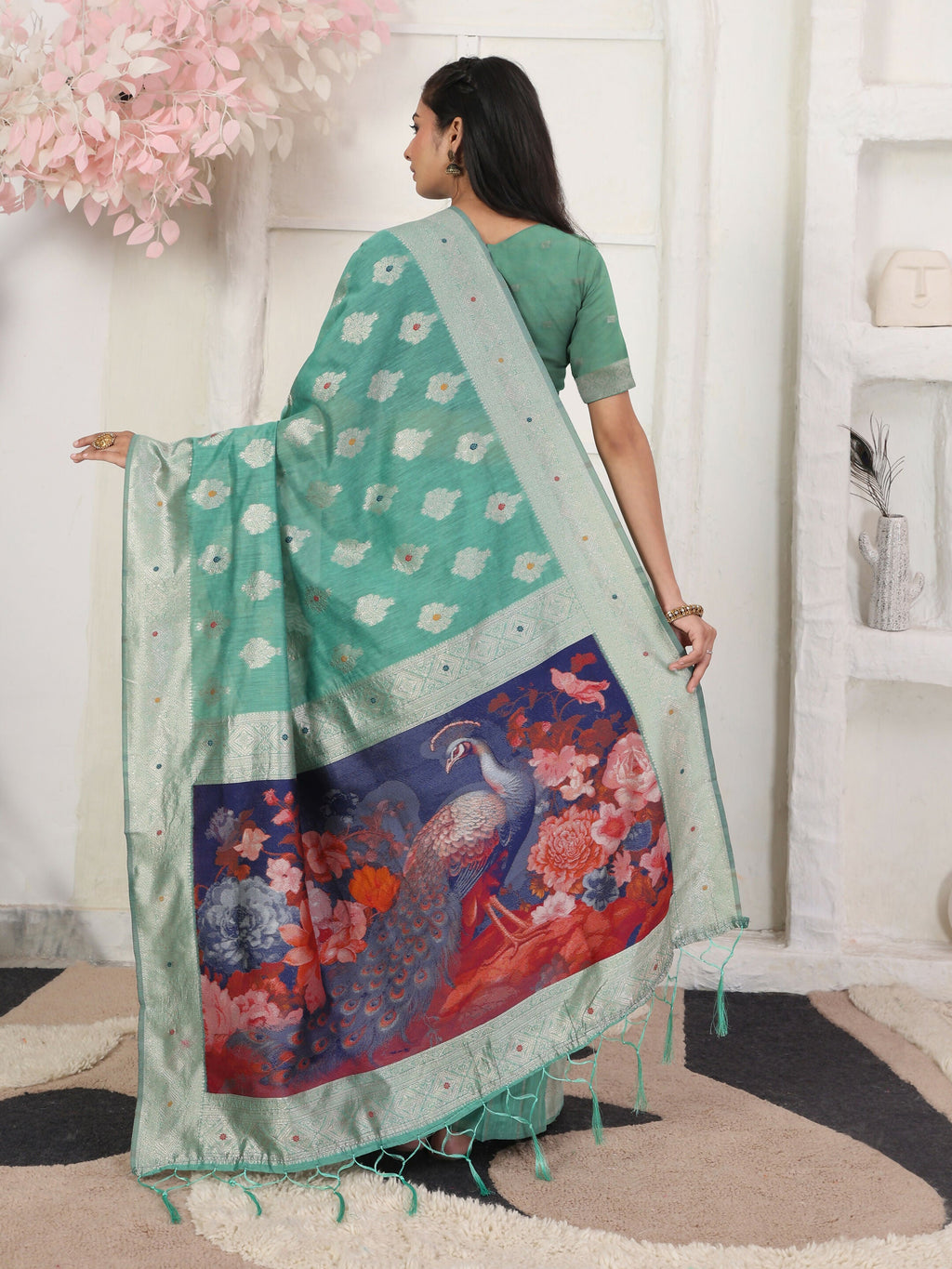 Shree Shyam Fashion Linen Cotton Rama Green Saree | Grocsy