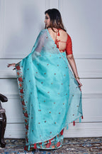 Morchari Green Supernet Cross Stitched Embroidery Saree Unstitched Blouse | Grocsy