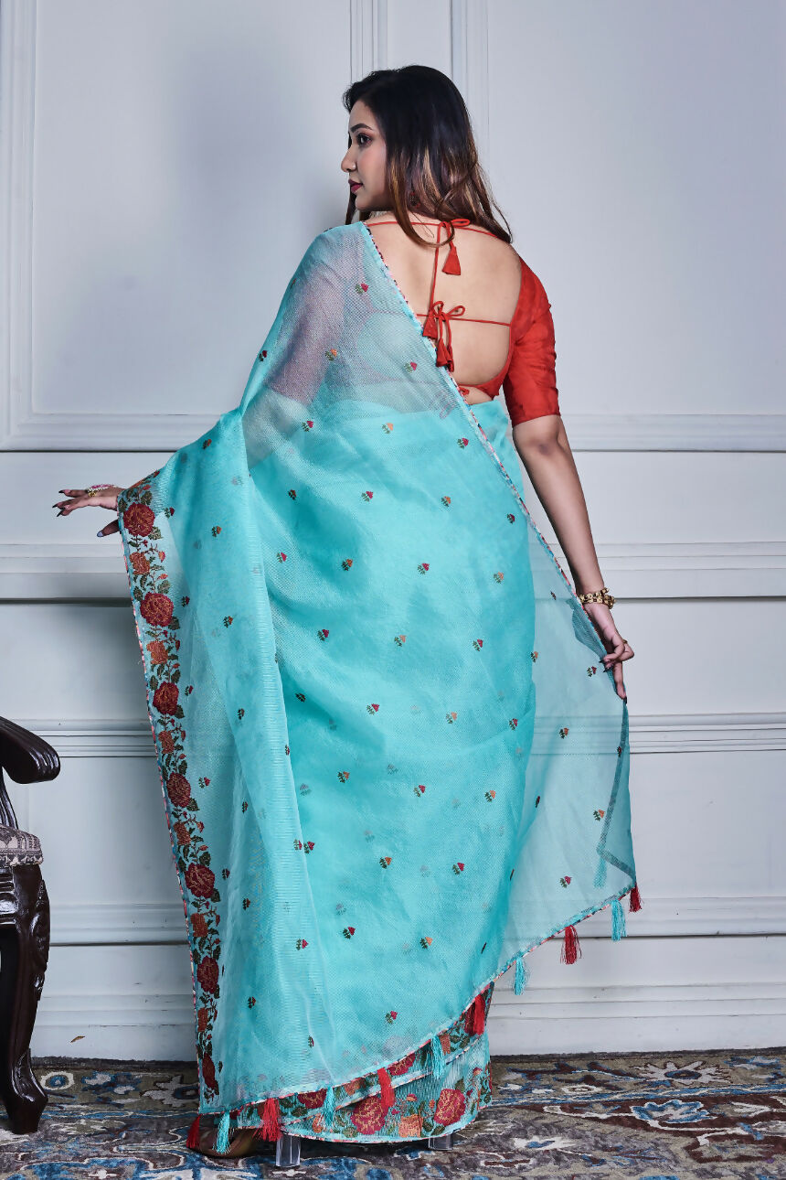 Morchari Green Supernet Cross Stitched Embroidery Saree Unstitched Blouse | Grocsy