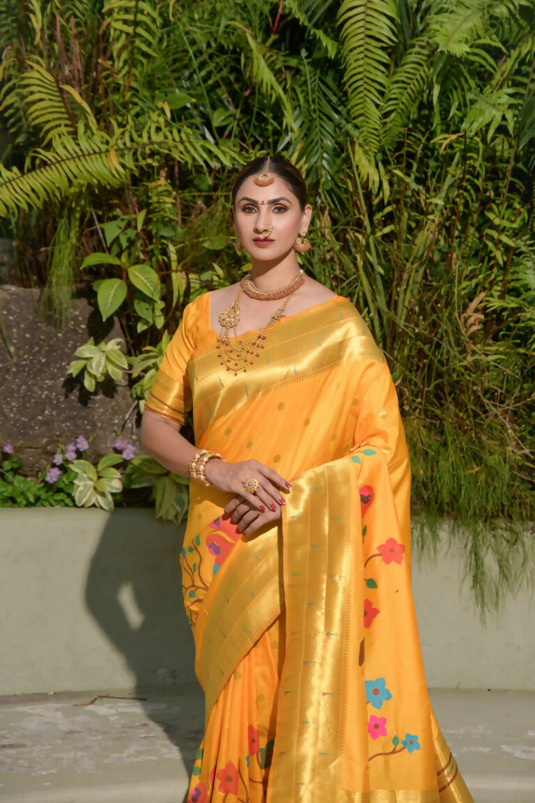 Jyoti Fashion Women's Yellow Paithani Silk Zari Woven Saree with Blouse | Grocsy