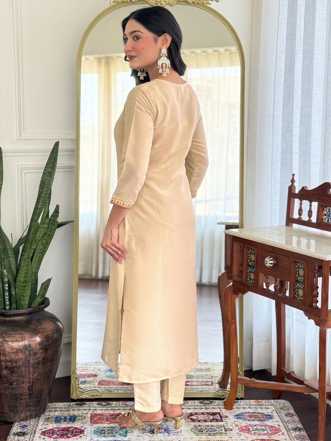 The52 Chiku Women's Beautiful Rayon Fabric Embroidered Work Straight Kurta Pant and Dupatta Set | Grocsy
