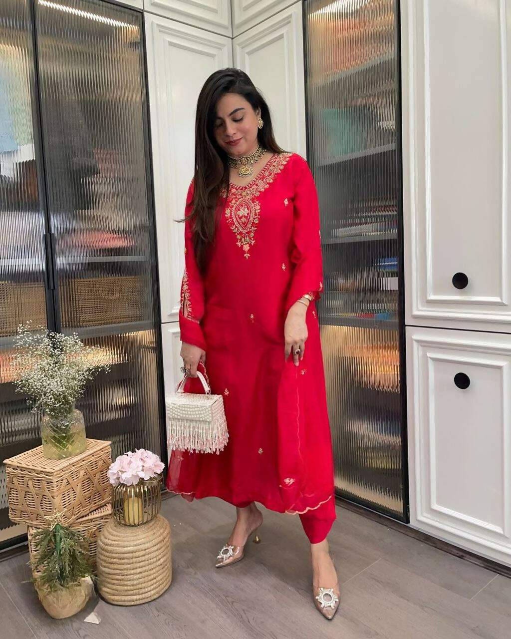 The52 Red Beautiful Embroidered Rayon Fabric Straight Kurta Pant with Dupatta Set | Grocsy