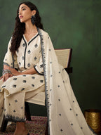 Sangria Off White Floral Embroidered Pure Cotton Mirror Work Kurta & Palazzos With Dupatta | Grocsy
