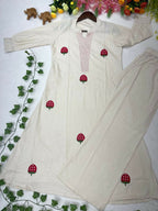 Teeya Creation New Latest Women Off-White & Red Embroidered Cotton A-Line Kurta with Trousers | Grocsy