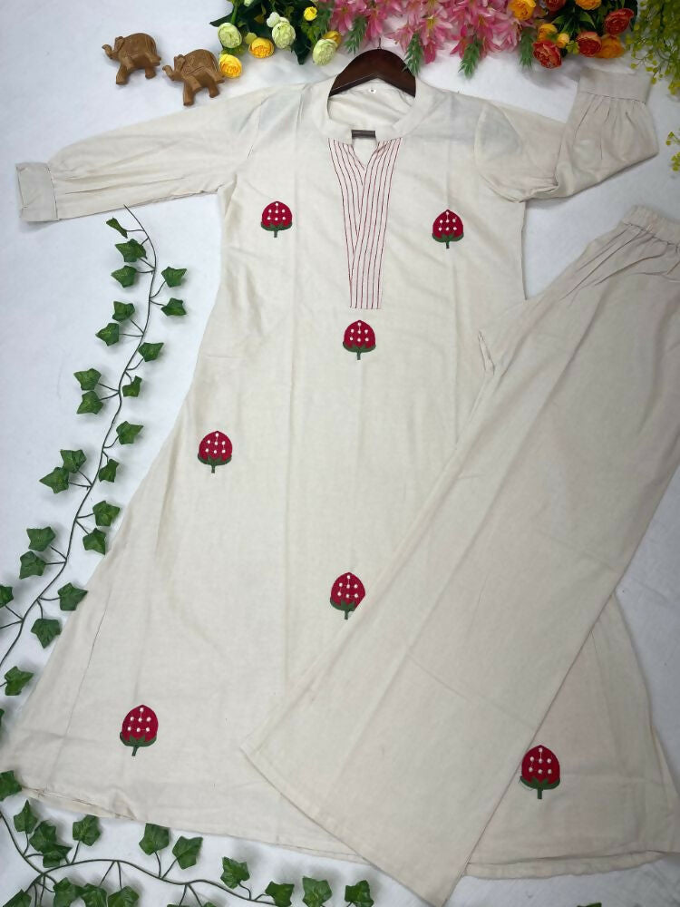 Teeya Creation New Latest Women Off-White & Red Embroidered Cotton A-Line Kurta with Trousers | Grocsy