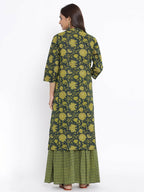 Miravan Women's Green & Yellow Floral Printed Pure Cotton Kurta With Sharara | Grocsy