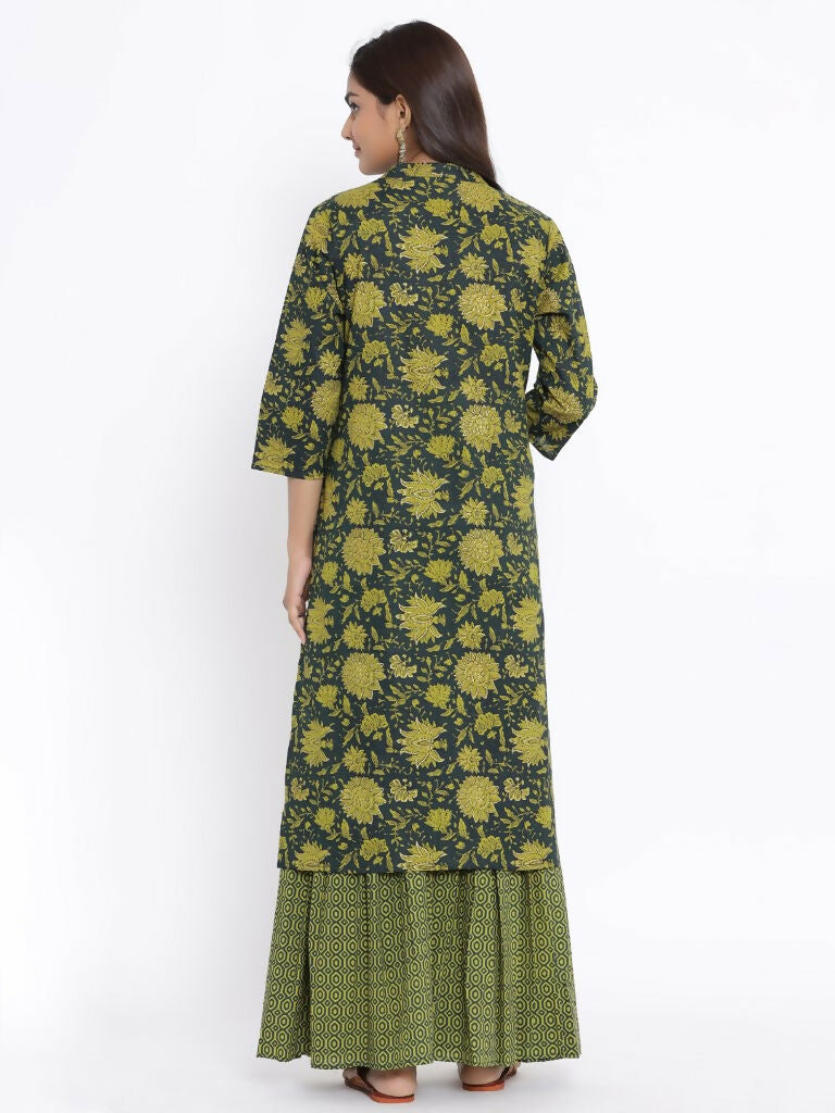 Miravan Women's Green & Yellow Floral Printed Pure Cotton Kurta With Sharara | Grocsy